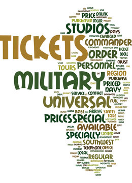MILITARY DISCOUNTS FOR UNIVERSAL STUDIO TOURS Text Background Word Cloud Concept