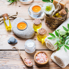 Obraz na płótnie Canvas Spa wellness setting concept, background with essential oil soap cream