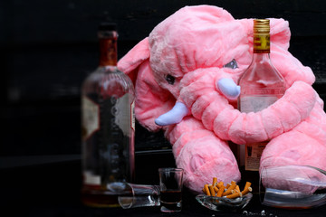 Bottles of alcohol, cigarettes and a pink elephant - the day after a wild party