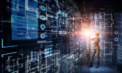 Builder woman taking measures . Mixed media