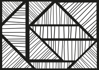 geometric vector background with overlapping triangles filled with crooked lines in black and white colors