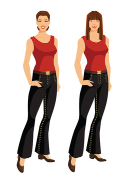 Vector illustration of woman with different hairstyle in black jeans isolated on white background
