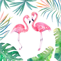 Watercolor card with leaves frame and two flamingos. Hand drawn illustration