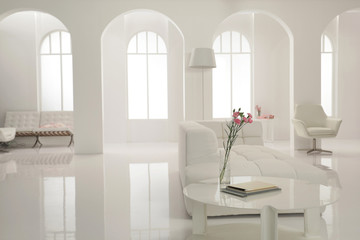 white lobby louge of music studio