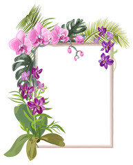 Tropical rectangular frame with bouquet pink, purple orchids, flowers and buds, green palm, bamboo, monstera leaves on white background, digital draw illustration, template for design, vector