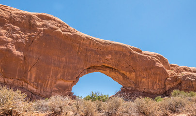 Tourist attraction of the USA. Arches National Park in the arid Moab Desert