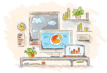 Drawn image of work table with objects