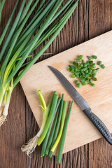 Spring onions on a cutting board.