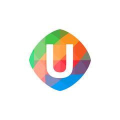 letter U set on colorful geometric polygonal shape, logo design, isolated on white background.