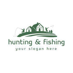 cottages on a meadow with two person one hunting and another fishing, logo design, isolated on white background.
