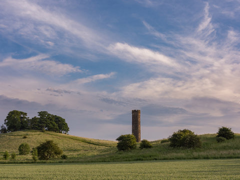 Sunset over an unused water tower in the outskirts of Edinburgh. Scotland, United Kingdom