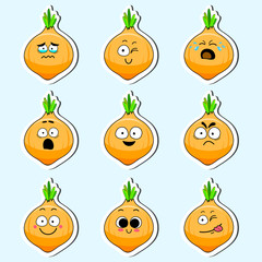 Cartoon onion cute character face isolated vector illustration. Funny vegetable face icon collection. Cartoon face food emoji. Onion emoticon. Funny food sticker.