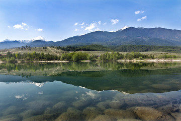 Amazing Panorama to lake, Pirin Mountain background in Bansko, Bulgaria