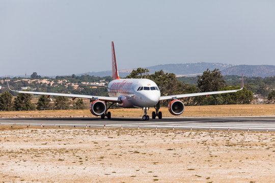 FARO, PORTUGAL - Juny 18, 2017 : easyJet Flights aeroplane departure from Faro International Airport.
