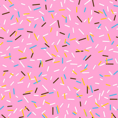 Seamless pattern bright pink tasty vector donuts sprinkles background in cartoon style for menu in cafe and shop.