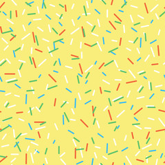 Fototapeta na wymiar Seamless pattern bright yellow tasty vector donuts sprinkles background in cartoon style for menu in cafe and shop.