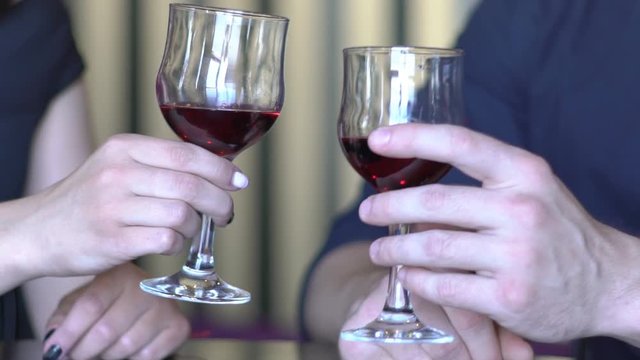 Hands Clinks Glasses With White Vine Slow Motion