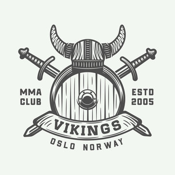 Vintage vikings motivational logo, emblem, badge in retro style. Monochrome Graphic Art. Vector Illustration.