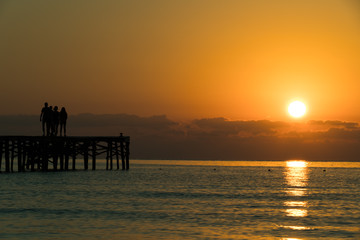 Panorama of sunset or sunrise on the calm sea