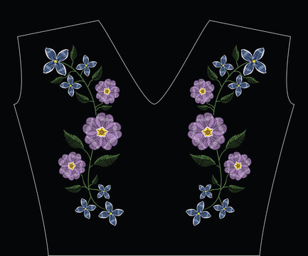 Embroidery stitches with primarose primula vulgaris and lilac flower.. Vector fashion ornament on black background for traditional floral decoration. Pattern for textile and fabrics.