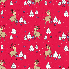 Christmas colorful seamless pattern with the image of a cute deer and fir trees. Vector background.
