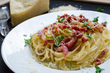 Pasta Carbonara. Spaghetti with bacon and parmesan cheese.