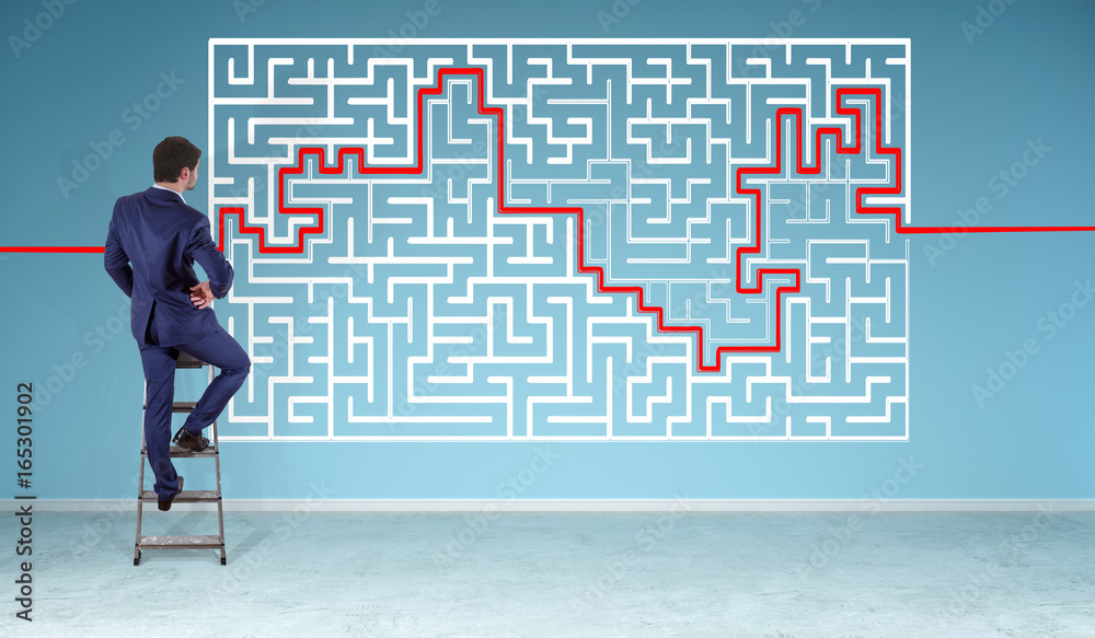 Aufkleber businessman searching maze solution on a wall 3d rendering