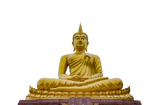 Golden Buddha images on sky clouds background.Golden Buddha statue in a Buddhist temple