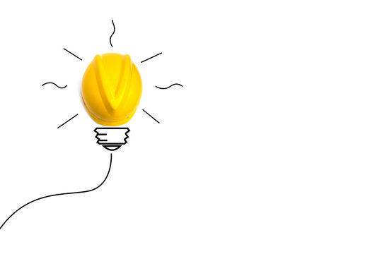 Concept idea with yellow helmet like a light bulb isolate on white background
