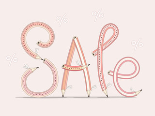 Sale. Funny text "Sale" consisting of pencils on pink background. Colored letters with wings and percent. Vector illustration.