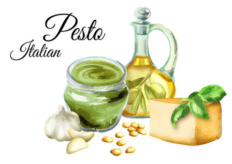 Ingredients for sauce Pesto, popular Italian sauce. Isolated on white background. Watercolor illustration