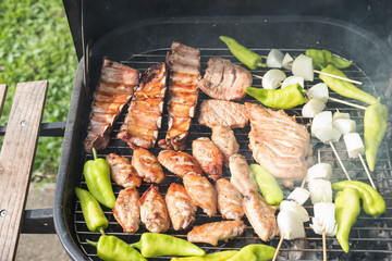 Friends making barbecue and having lunch in the nature.