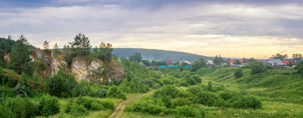 Fototapeta na wymiar вечерний летний пейзаж с деревом на берегу реки, Россия, Урал