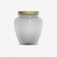 Empty transparent glass jam jar on tablecloth background. Realistic vector illustration