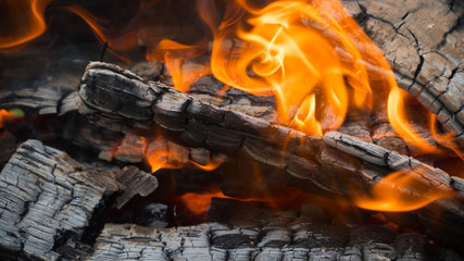 fire: burning wood and smoldering embers.