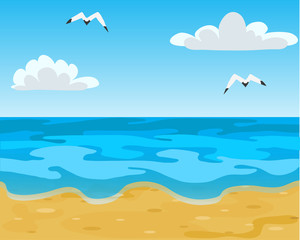 Ocean beach, waves and blue sky with white clouds. Vector Illustration