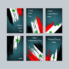 Syria Patriotic Cards for National Day. Expressive Brush Stroke in National Flag Colors on dark striped background. Syria Patriotic Vector Greeting Card.