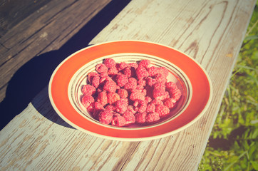 A plate of fresh raspberries on summer day