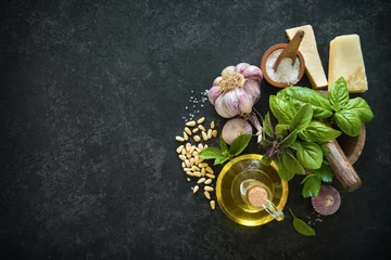 Acrylic prints Restaurant Ingredients for homemade green basil pesto