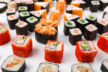 Set of sushi, maki and rolls closeup