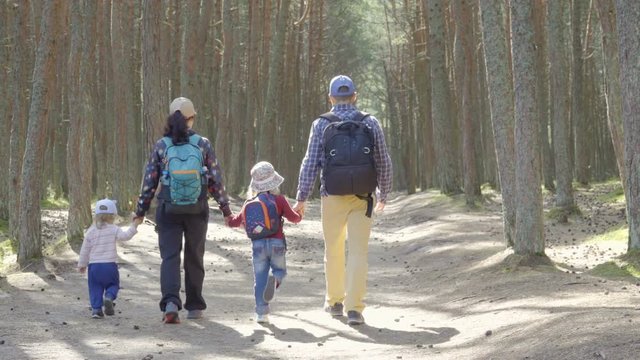 Sports family travels through  forest. A young mother and father of a tourist with a backpack leading her children through a forest road. Family travel together, hiking outdoors on nature. 