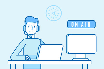 Vector illustration in flat linear style and blue color - broadcaster man on air