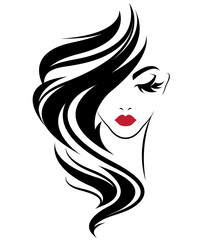 Fototapety  ikona stylu kobiet z długimi włosami, logo kobiety na białym tle