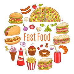 Vector sketch illustration of fast food circular shaped