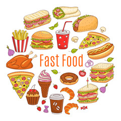 Vector sketch illustration of fast food circular shaped