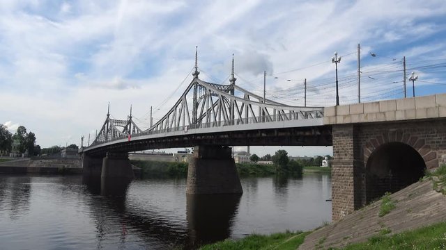 View of the Old Volga Bridge, cloudy july afternoon. Tver, Russia