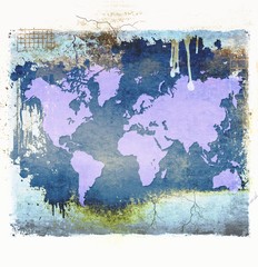 Purple world map on grunge dripping abstract background. Elements of this image furnished by NASA.