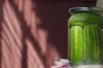 Pickled homemade sunny cucumbers in the glass jar