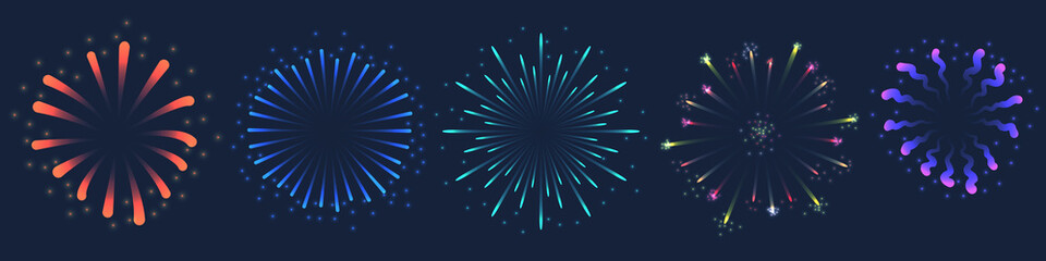 Set of Vector colorful Firework illustration on dark background