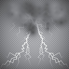 Storm and Lightning with rain and white cloud isolated on transparent background. Vector.